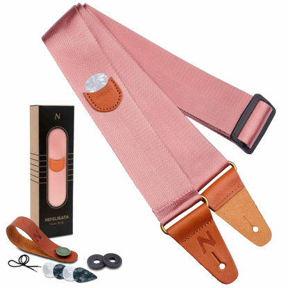 Picture of Guitar Strap, Vintage Nylon Full Grain Leather Ends Guitar Straps with Pick Pocket for Bass, Electric & Acoustic Guitar, Come with Free Strap Button, 1 Pair Strap Locks and 4 Guitar Picks (Rose Gold)