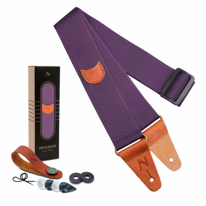 Picture of Guitar Strap, Vintage Nylon Full Grain Leather Ends Guitar Straps with Pick Pocket for Bass, Electric & Acoustic Guitar, Come with Free Strap Button, 1 Pair Strap Locks and 4 Guitar Picks (Purple)