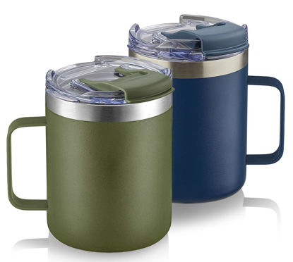 Picture of ALOUFEA 12oz Stainless Steel Insulated Coffee Mug with Handle, Double Wall Vacuum Travel Mug, Tumbler Cup with Fliping Lid, Navy and Army Green