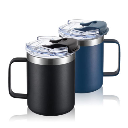 Picture of ALOUFEA 12oz Stainless Steel Insulated Coffee Mug with Handle, Double Wall Vacuum Travel Mug, Tumbler Cup with Fliping Lid, Black and Navy