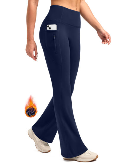 Picture of SANTINY Fleece Lined Flare Leggings Women 28.5/30.5/32 Water Resistant Winter Bell Bottom Hiking Yoga Pants with Pockets（Navy_28.5M）