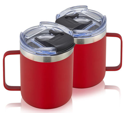 Picture of ALOUFEA 12oz Stainless Steel Insulated Coffee Mug with Handle, Double Wall Vacuum Tumbler Cup with Fliping Lid, Red, 2 Pack