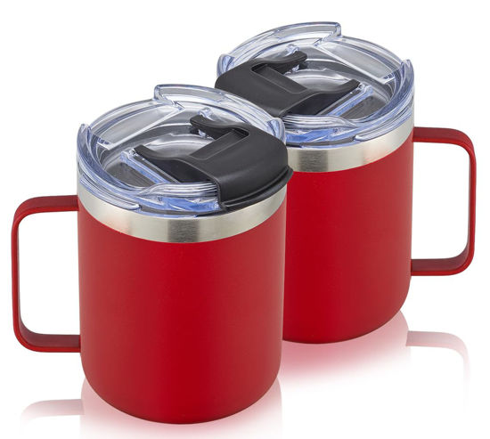 Picture of ALOUFEA 12oz Stainless Steel Insulated Coffee Mug with Handle, Double Wall Vacuum Tumbler Cup with Fliping Lid, Red, 2 Pack