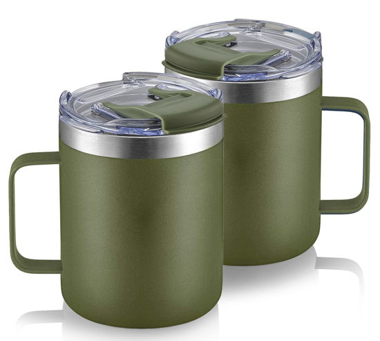 Picture of ALOUFEA 12oz Stainless Steel Insulated Coffee Mug with Handle, Double Wall Vacuum Tumbler Cup with Fliping Lid, Army Green, 2 Pack
