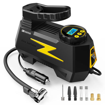 Picture of FADAKWALT Tire Inflator Portable Air Compressor, DC 12V Tire Air Pump with LED and 150PSI Digital Pressure Gauge, Portable Tire Inflator for Car Tires, Motorcycles, Bike, Ball (Yellow)