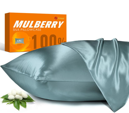 Picture of 100% Mulberry Silk Pillowcase for Hair and Skin, 22 Momme Natural Silk Pillow Case with Zipper, Both Sided Pure Silk Pillow Cover for Women Mom Men (Airy Blue, King 20''×40'')