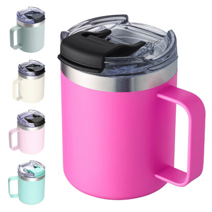 Picture of ALOUFEA 12oz Insulated Coffee Mug Cup with Handle, Stainless Steel Travel Coffee Mug with Flip Lid, Double Wall Vacuum Coffee Tumbler,Raspberry Vibes