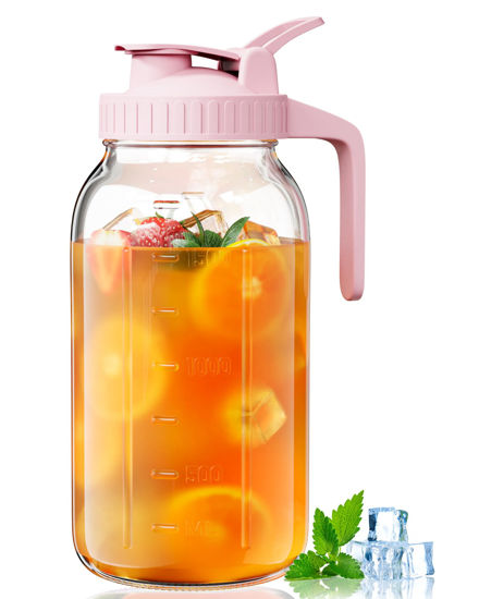 Picture of 64 oz Glass Pitcher with Lid, Large Wide Mouth Mason Jar Pitcher with Pour Spout, Pink Sun Tea Glass Jar for Outside, Glass Water Pitcher Great for Drink, Cold Beverages and Breast Milk