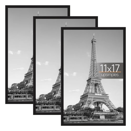 Picture of upsimples 11x17 Picture Frame Black 3 Pack, Scratch-Proof 11 x 17 Poster Frames for Photo Gallery - Slide-In Strips, Horizontal or Vertical Wall Mounting