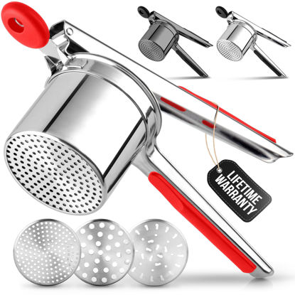Picture of Zulay Kitchen Premium Large 15oz Potato Ricer, Heavy Duty Professional Stainless Steel Potato Masher and Ricer Kitchen Tool, Press and Mash Kitchen Gadget - Red and Silver 3 Disc