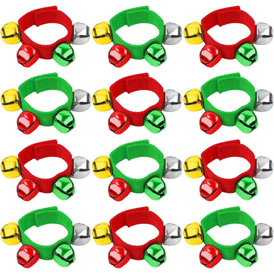Picture of Augshy Christmas Wrist Bells Bracelets, 12Pcs Wrist Band Jingle Bells with Red Green Gold Silver Bells, Musical Instruments Adjustable Hand Ankle Bells for Christmas Gifts Kids Party Favor Toys