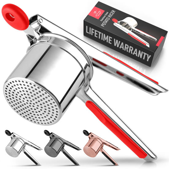 Picture of Zulay Kitchen Premium Large 15oz Potato Ricer, Heavy Duty Professional Stainless Steel Potato Masher and Ricer Kitchen Tool, Press and Mash Kitchen Gadget - Red and Silver Fixed Disc