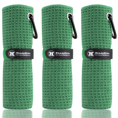 Picture of Handy Picks Microfiber Golf Towel (16" X 16") with Carabiner Clip, Waffle Pattern Golf Towel Hook and Loop Fastener - The Convenient Golf Cleaning Towel Dark Green