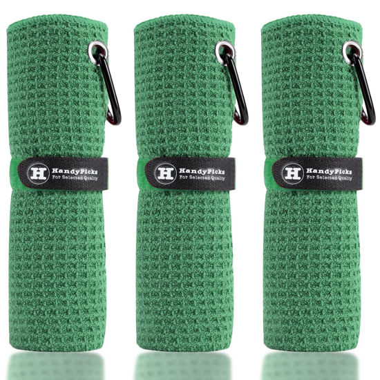Picture of Handy Picks Microfiber Golf Towel (16" X 16") with Carabiner Clip, Waffle Pattern Golf Towel Hook and Loop Fastener - The Convenient Golf Cleaning Towel Dark Green