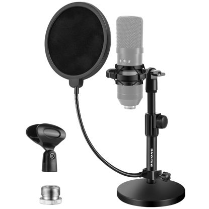Picture of BILIONE Upgraded Desktop Microphone Stand, Adjustable Mic Stand Desk with Pop Filter, Shock Mount, Microphone Clip, 5/8" to 3/8" Metal Screw Adapter