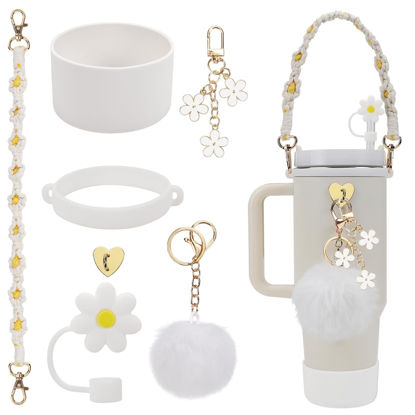 Picture of Stanley Cup Accessories Set Including 1 Pcs Water Bottle Handle Strap, 1 Pcs Siliocne Stanley Cup Boot, 1 Pcs Siliocne Straw Cover, 2 Pcs Stanley Charms for Stanley Cup 40oz & 30oz Tumbler (White)…