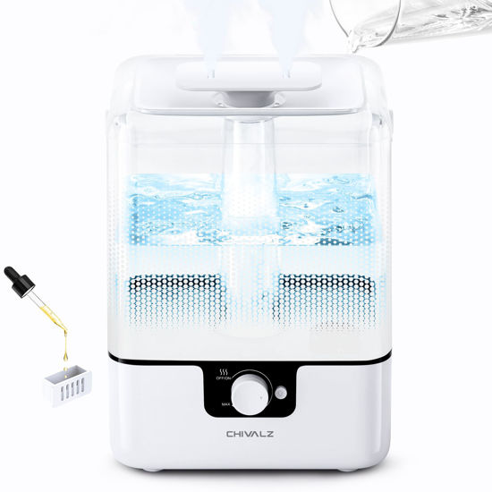 Picture of 6L Humidifiers for Bedroom Large Room Home, CHIVALZ Cool Mist Top Fill Humidifiers for Baby Nursery and Plants, 26dB Quiet, Nightlight, Up to 50 Hours, Oil Diffuser 1 Pack + 2 Mist Outlets