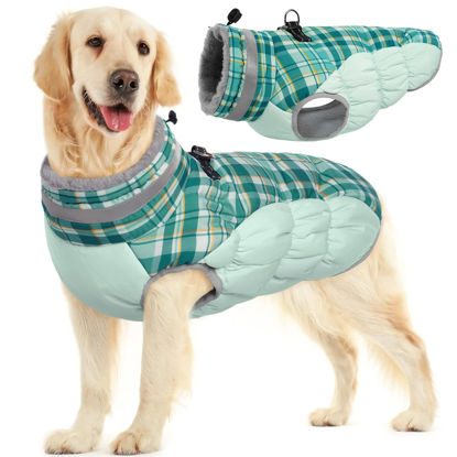 Picture of FUAMEY Dog Winter Coat,Dog Jackets with Harness Built in Dog Cold Weather Coats Dog Paded Vest Dog Apparel with Zipper on Back Pet Reflective Clothes for Small Medium Large Dogs Green Plaid L