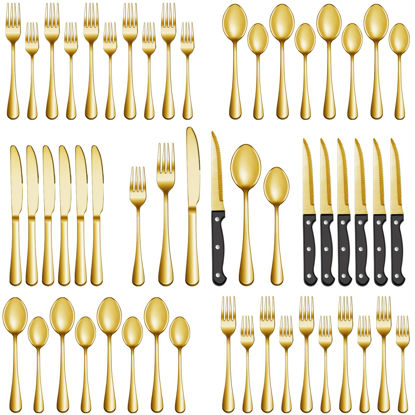 Picture of 72 Pcs Gold Silverware Set with Steak Knives, Stainless Steel Flatware Cutlery Set Service for 12, Kitchen Tableware Set, Utensil Set for Home and Restaurant, Knives Forks Spoon Set, Dishwasher Safe