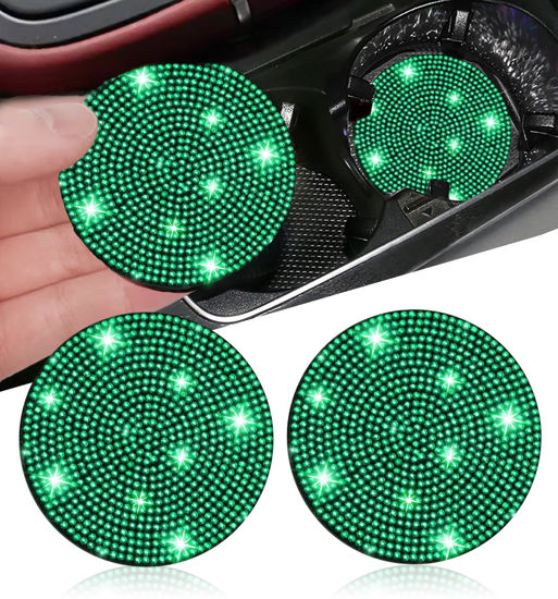 Picture of 2pcs Bling Car Cup Holder Coaster, 2.75 inch Anti-Slip Shockproof Universal Fashion Vehicle Cup Holders Insert Bling Crystal Rhinestone Auto Automotive Interior Accessories for Women (2 pcs, Green)