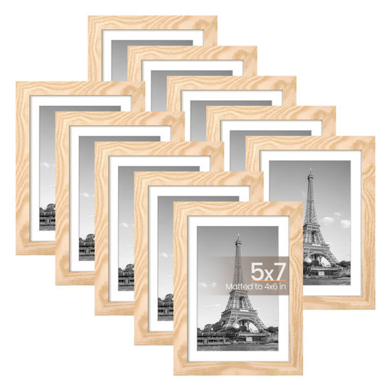 Picture of upsimples 5x7 Picture Frame Set of 10, Display Pictures 4x6 with Mat or 5x7 Without, Multi Photo Frames Collage for Wall or Tabletop Display, Natural