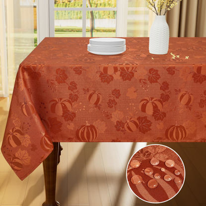 Picture of Smiry Thanksgiving Tablecloth 60x140 Inch, Fall Waterproof Damask Table Cloth for Rectangle Table, Autumn Pumpkin Fabric Jacquard Table Covers for Harvest Parties, and Holiday Dinner, Terracotta