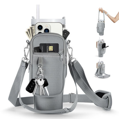 Picture of linmaya Water Bottle Carrier Bag with Phone Pocket for Stanley Cup 40/30oz,Insulated Neoprene Water Bottle Holder Cross-boday Bag with Adjustable Shoulder & Handheld Strap Stanley Cup Accessories