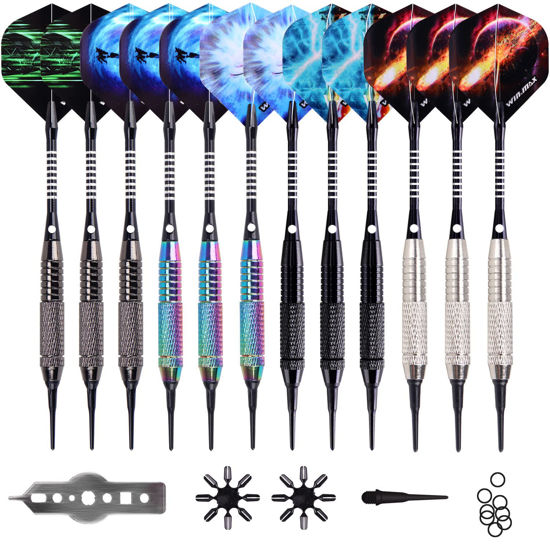 Picture of WIN.MAX Darts Plastic Tip - Soft Tip Darts Set - 12 Pcs 18 Gram with 100 Extra Dart Tips 12 Flights Flight Protectors and Wrench for Electronic Dart Board