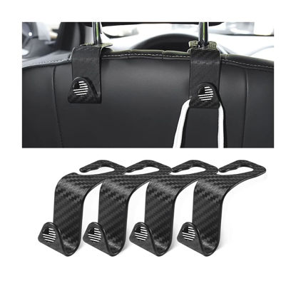 Picture of 4PCS Car Seat Headrest Hooks, Auto Back Seat Hanger Holder, Durable Stylish Vehicle Organizer Universal Car Interior Accessories, Storage Hooks for Purses, Bags, Clothes (Carbon Fiber/Black Flag)