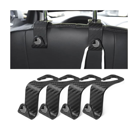 Picture of 4PCS Car Seat Headrest Hooks, Auto Back Seat Hanger Holder, Durable Stylish Vehicle Organizer Universal Car Interior Accessories, Storage Hooks for Purses, Bags, Clothes (Carbon Fiber/Black Flag)