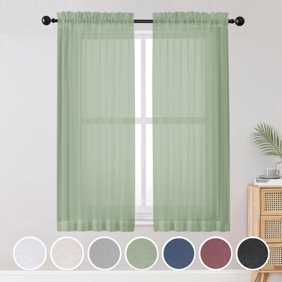 Picture of OWENIE Sheer Curtains, Sage Green Sheer Curtains 63 inch Length 2 Panels Set, Rod Pocket Voile Fimly Sheer Drapes for Living Room/Bedroom, 2pcs, Each 42" W x 63" L