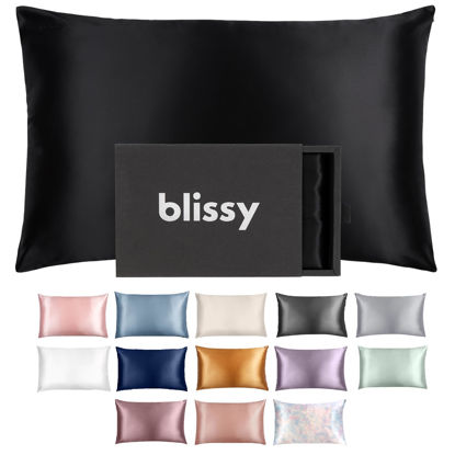Picture of Blissy Silk Pillowcase - 100% Pure Mulberry Silk - 22 Momme 6A High-Grade Fibers - Silk Pillow Cover for Hair & Skin - Regular, Queen & King with Hidden Zipper (Queen, Black)