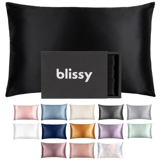 Picture of Blissy Silk Pillowcase - 100% Pure Mulberry Silk - 22 Momme 6A High-Grade Fibers - Silk Pillow Cover for Hair & Skin - Regular, Queen & King with Hidden Zipper (Queen, Black)