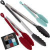 Picture of GorillaGorilla Grip Stainless Steel Heat Resistant Kitchen Tongs for Cooking, 7 + 9 + 12 Inch Set of 3 BBQ Tong, Non Scratch Silicone Tip for Pans, Strong Grip, Grab Food, Pull Lock, Black Mint Red