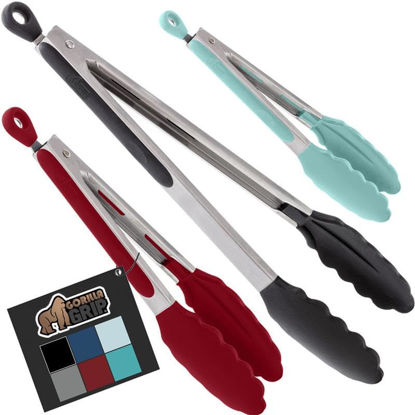 Picture of GorillaGorilla Grip Stainless Steel Heat Resistant Kitchen Tongs for Cooking, 7 + 9 + 12 Inch Set of 3 BBQ Tong, Non Scratch Silicone Tip for Pans, Strong Grip, Grab Food, Pull Lock, Black Mint Red