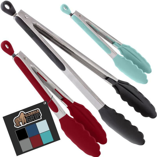 Picture of GorillaGorilla Grip Stainless Steel Heat Resistant Kitchen Tongs for Cooking, 7 + 9 + 12 Inch Set of 3 BBQ Tong, Non Scratch Silicone Tip for Pans, Strong Grip, Grab Food, Pull Lock, Black Mint Red