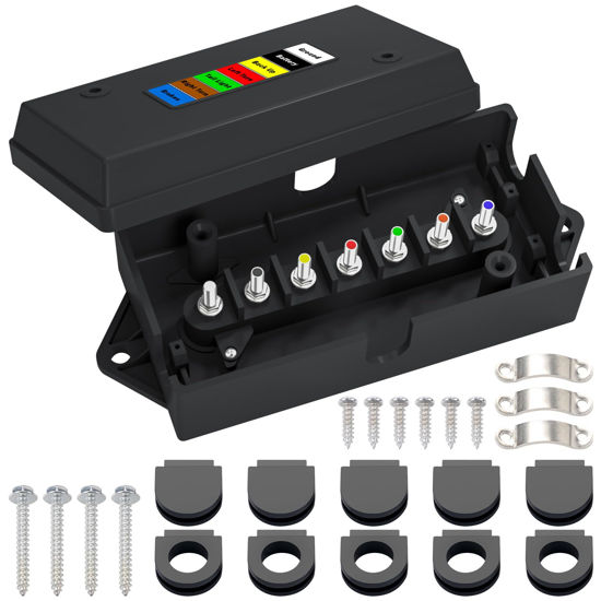 Picture of CheeMuii 7 Way Trailer Junction Box Weatherproof 7 Pin Trailer Wiring Box 7 Color-Coded Electric Wires Connection Box for RV Camper Trailer Light Rewiring