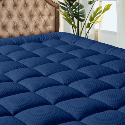 Picture of MATBEBY Bedding Quilted Fitted California King Mattress Pad Cooling Breathable Fluffy Soft Mattress Pad Stretches up to 21 Inch Deep, California King Size, Navy Blue Mattress Topper Mattress Protector
