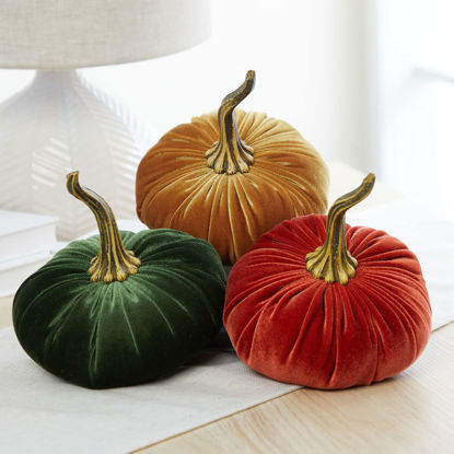 Picture of Set of 3 Velvet 6.25 Inch Pumpkins, orange pumpkin decor, Thanksgiving centerpiece, hygge home, elegant bookshelf accent, Halloween indoor decor, tiered tray accent for kitchen (Rust, Gold, Olive)
