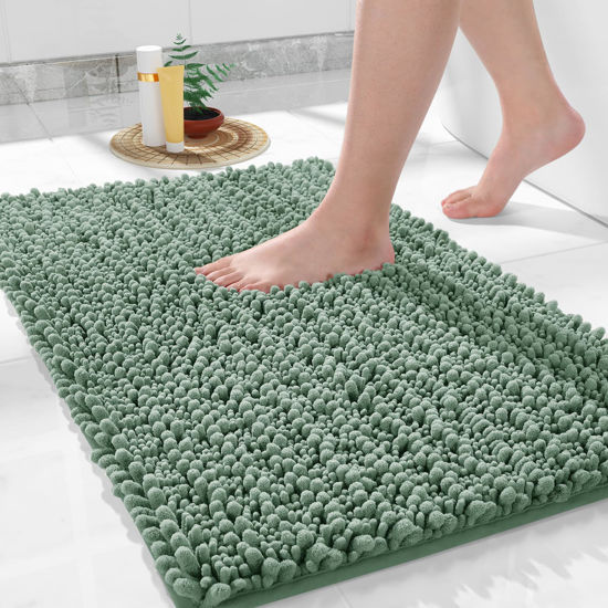 Picture of Yimobra Bathroom Rug Mat 24 x 17, Extra Soft Non Slip Absorbent Water Bath Rug, Quick Dry Machine Washable Chenille Shaggy Shower Mat, Bath Mat for Bathroom Floor, Home Decor Accessories, Green