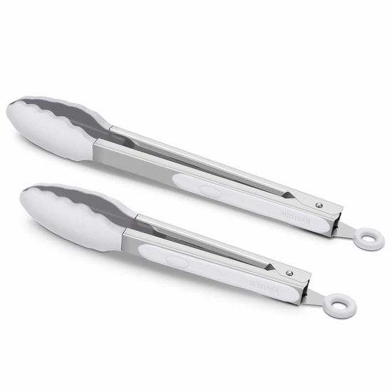 Picture of Premium Silicone Set of 2 Cooking Tongs, 9-Inch & 12-Inch BPA Free Non-Stick Stainless Steel BBQ Grilling Locking Food Tong, Light Grey