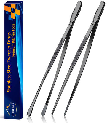 Picture of JETKONG 2 Pcs 12-Inch Food Tweezer Tongs, Stainless Steel Kitchen Tweezer Cooking Tweezers (Black)