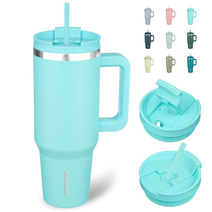 Picture of BJPKPK 40 oz Stainless Steel Tumbler With Handle Insulated Tumblers With 2 Straw Travel Coffee Mug With Lid,Turquoise