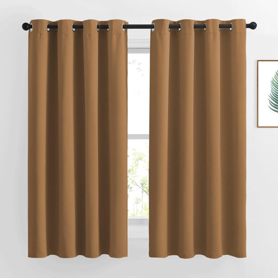 Picture of NICETOWN Bedroom Curtains 63 inch Length 2 Panels - Grommet Top Blackout Room Darkening Sound Reduction Privacy Thermal Drapes for Flat/Laundry, Gold Brown, W52 x L63