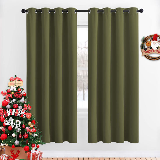 Picture of NICETOWN Blackout Curtains for Girls Room - Thermal Insulated Solid Grommet Room Darkening Curtains/Panels/Drape for Bedroom (Olive Green, 1 Pair, 52 by 72-Inch)
