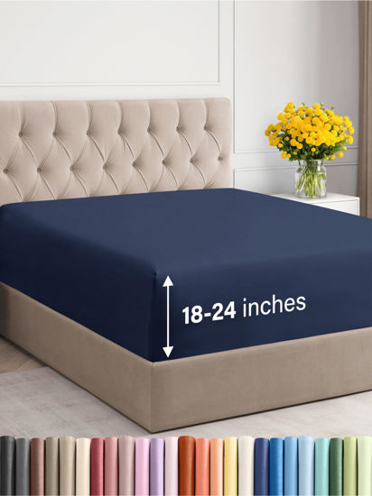 Picture of Extra Deep Twin XL Fitted Sheet - Hotel Luxury Single Fitted Sheet Only - Easily Fits 18 inch to 24 inch Mattress - Soft, Wrinkle Free, Breathable & Comfy Extra Deep Pockets Navy Blue Fitted Sheet