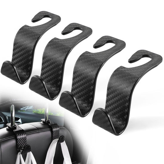 Picture of LivTee Car Purse Hook, Headrest Hook for Car, 4 Pack Universal Auto Car Seat Headrest Hook Hangers Organizer for Purse Coat Umbrellas Grocery Bags Handbag, Car Accessories - Carbon Fiber Black