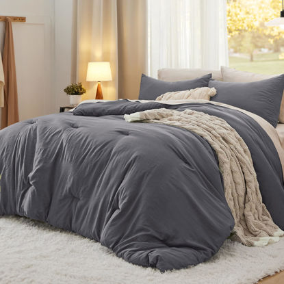 Picture of Bedsure King Size Comforter Set, Dark Grey Soft Prewashed Bedding for All Seasons, 3 Pieces Warm Down Alternative Bed Set, 1 Lightweight Comforter (104"x90") and 2 Pillowcases (20"x36")
