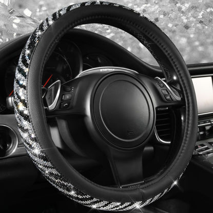 Picture of CAR PASS Bling Diamond Leather Steering Wheel Cover, with Bling Sparkly Crystal Glitter Rhinestone Universal Fit 14" 1/2-15" Car Wheel Protector Fit for Women Girl SUV,Vans,Sedans,Trucks, Zebra Print