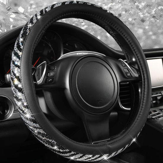 Picture of CAR PASS Bling Diamond Leather Steering Wheel Cover, with Bling Sparkly Crystal Glitter Rhinestone Universal Fit 14" 1/2-15" Car Wheel Protector Fit for Women Girl SUV,Vans,Sedans,Trucks, Zebra Print